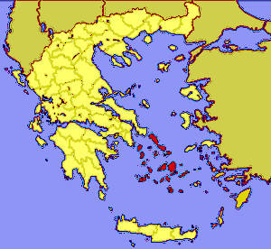 Cyclades island group in a map of Greece. Your sailing tour area. Sailing the Cyclades