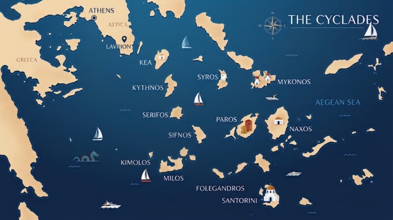 Overview map of sailing routes across the Cyclades islands in Greece, featuring Paros, Naxos, Milos, Koufonisia, Antiparos and Santorini.